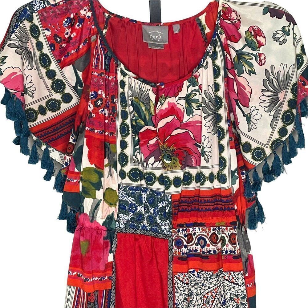 vanessa Virginia Anthropologie Persian Rose Floral Dress XS Tassel Trim lined - Picture 4 of 8